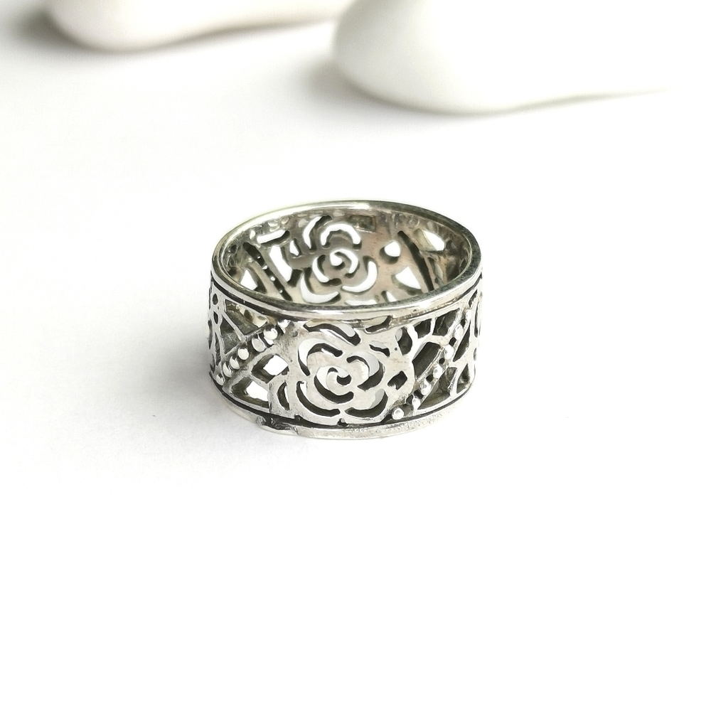 Sterling Silver filigree Tudor Rose Flower Garden band ring 🆕